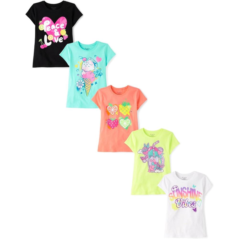 imageThe Childrens Place Girls Trends Icons Short Sleeve Graphic Tshirts 5PackSummer