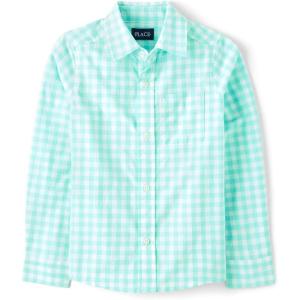 The Children’s Place Boys Long Sleeve Button Down Shirts(Mellow Aqua Gingham)