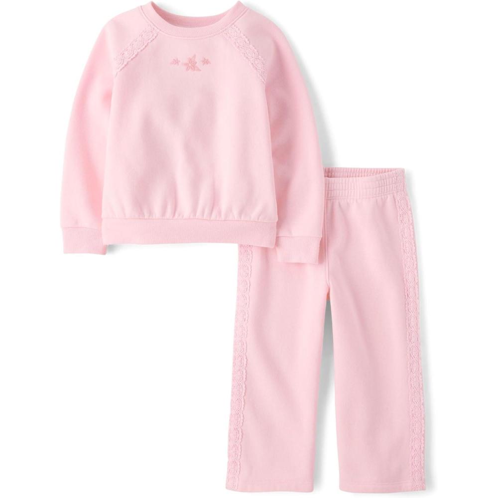 imageThe Childrens Place babygirls And Toddler Active Long Sleeve Premium Fleece Sweatshirt and Pants 2piece Outfit SetRose Mist Crochet