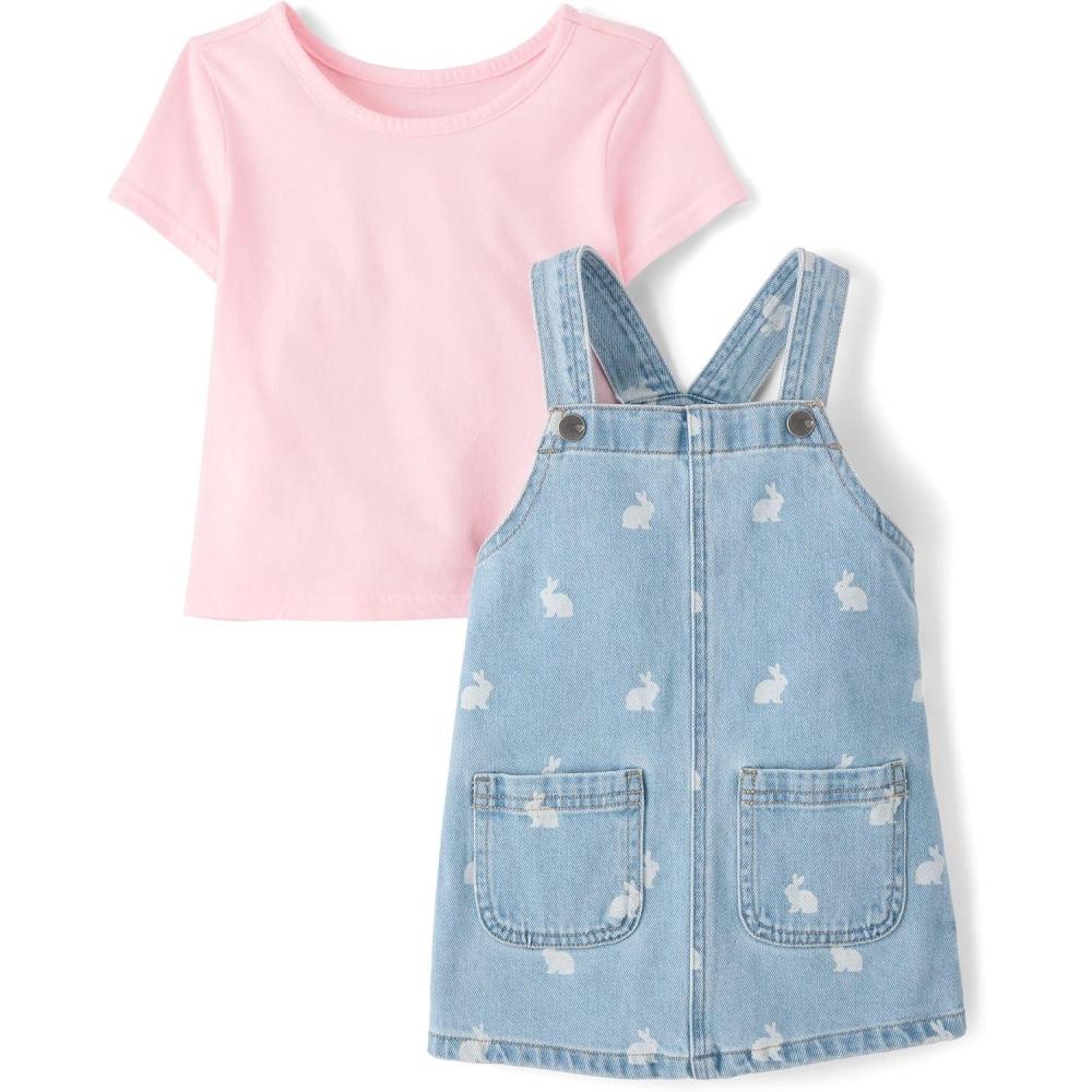 imageThe Childrens Place babygirls And Toddler Short Sleeve Shirt and Skirtall 2 Piece OutfitIvory Bunny
