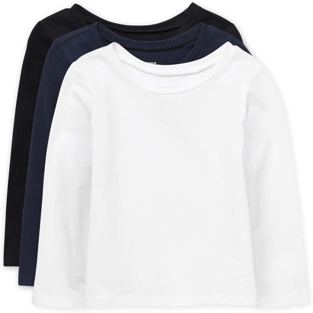 imageThe Childrens Place BabyGirls and Toddler Basic Long Sleeve Layering TeesBlackTidalWhite 3pack