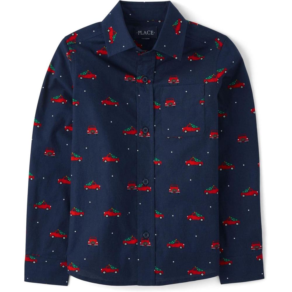 imageThe Childrens Place Big Boys Long Sleeve Poplin Button Down ShirtChristmas Truck Print