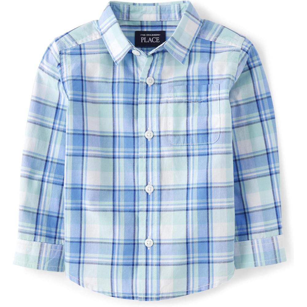 imageThe Childrens Place Big Boys Long Sleeve Poplin Button Down ShirtMellow Aqua Plaid