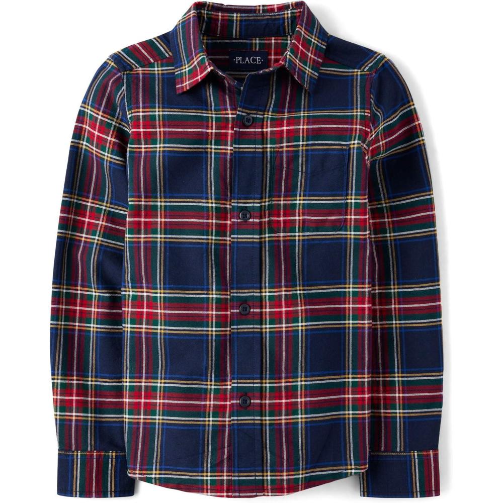 imageThe Childrens Place Big Boys Long Sleeve Poplin Button Down ShirtTidal Plaid
