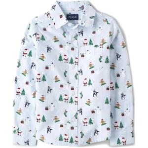 The Children’s Place Big Boys’ Long Sleeve Poplin Button Down Shirt(Christmas Print)