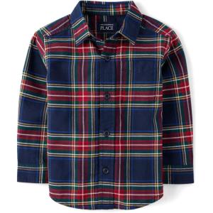 The Children’s Place Big Boys’ Long Sleeve Poplin Button Down Shirt(Red/Blue Plaid)