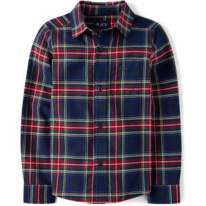 The Children’s Place Big Boys’ Long Sleeve Poplin Button Down Shirt(Tidal Plaid)