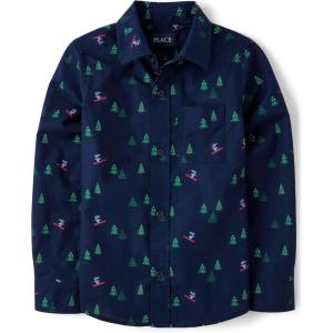 The Children’s Place Big Boys’ Long Sleeve Poplin Button Down Shirt(Tidal Trees)