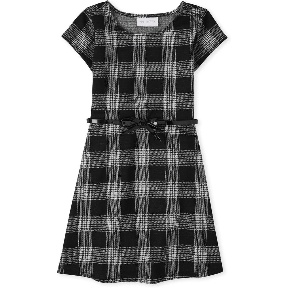 imageThe Childrens Place Girls Plaid Stretch Jacquard Short Sleeve DressBlack Plaid