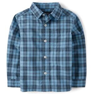 The Children’s Place Baby Boys’ and Toddler Poplin Long Sleeve Button Down Shirt(Pearl Blue Plaid)