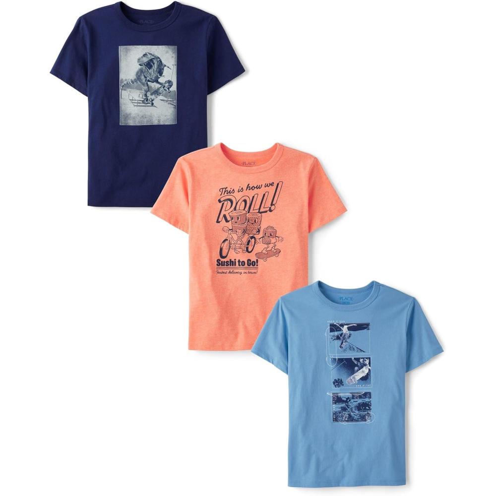 imageThe Childrens Place Boys GamerSports Short Sleeve Graphic TShirts3 PackWe RollDinoSkateboarder