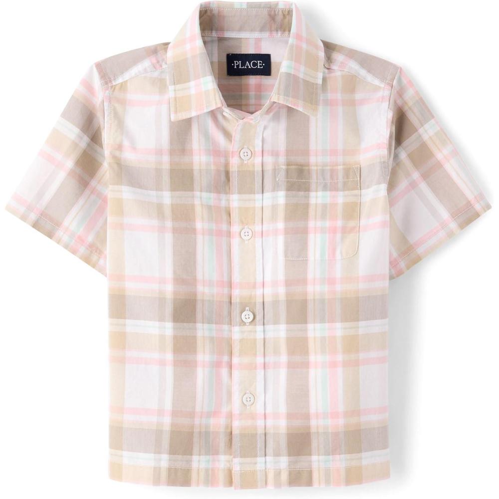imageThe Childrens Place Boys Short Sleeve Button Down ShirtLt Plum Plaid