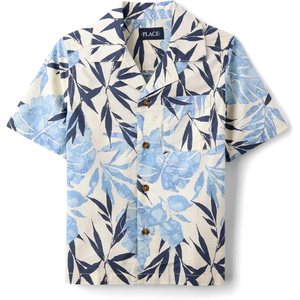 imageThe Childrens Place Boys Short Sleeve Button Down ShirtPearl Blue Tropical