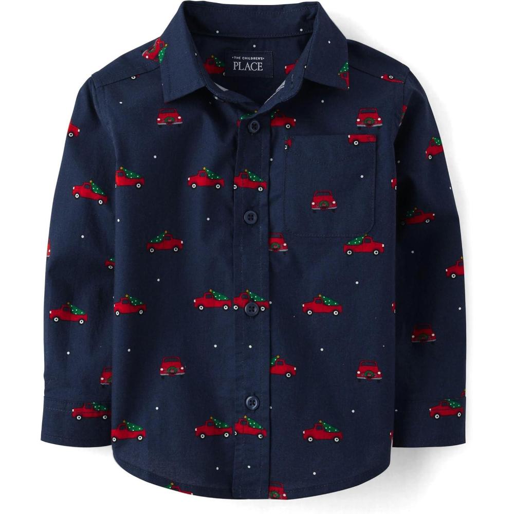 imageThe Childrens Place Big Boys Long Sleeve Poplin Button Down ShirtHoliday Truck Print