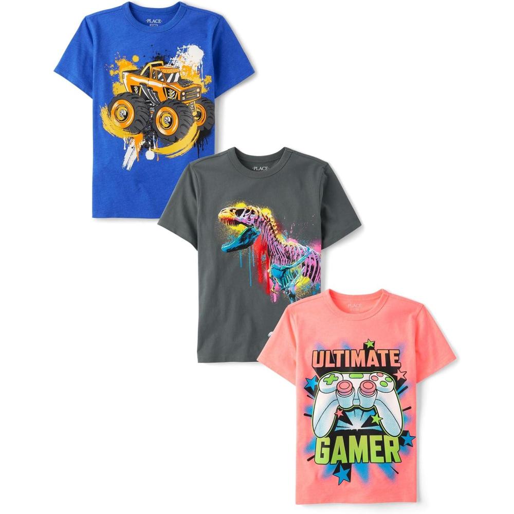 imageThe Childrens Place Boys The Childrens Place Boys Short Sleeve Graphic T Shirt 3PackMonster TruckDinoUltimate Gamer
