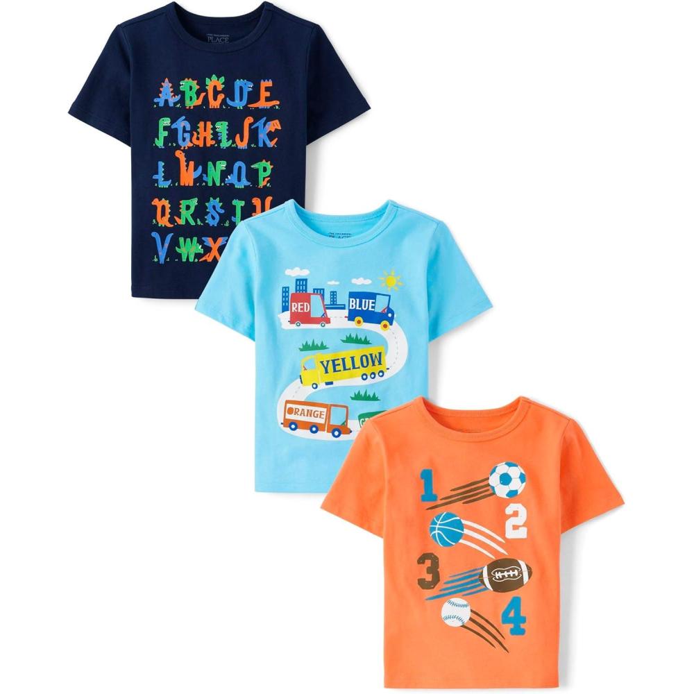 imageThe Childrens Place BabyBoys and Toddler School Days Short Sleeve Graphic TShirtsmultipacksAlphabetColor Cars123 Sports 3pack