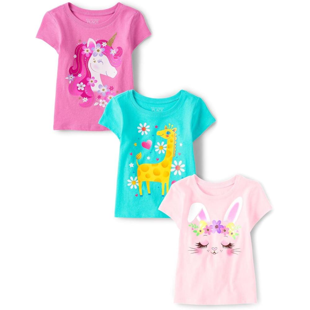 imageThe Childrens Place BabyGirls and Toddler All HolidaysBirthdays Short Sleeve Graphic TShirts3 PackUnicornGiraffeBunny