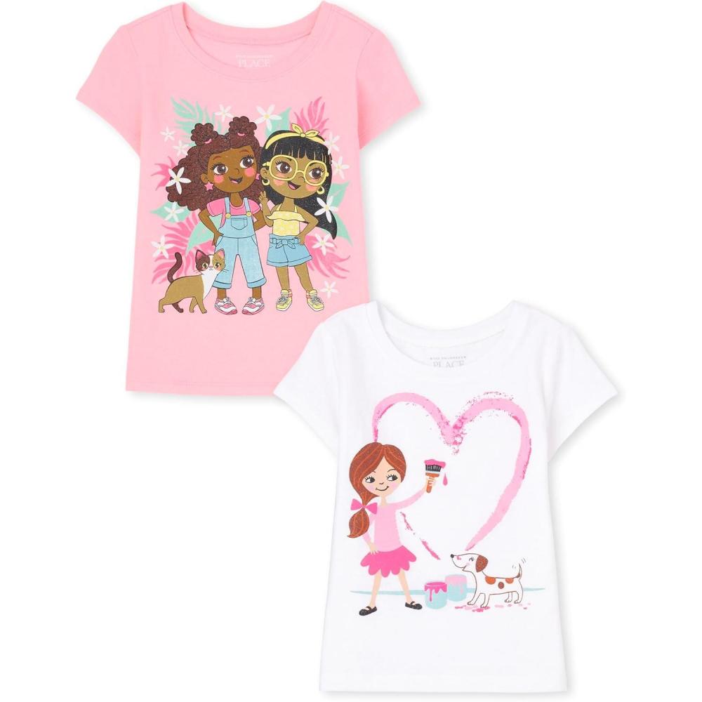 imageThe Childrens Place BabyGirls and Toddler Assorted Everyday Short Sleeve Graphic TShirtsmultipacksGirl PaintingCat Flowers