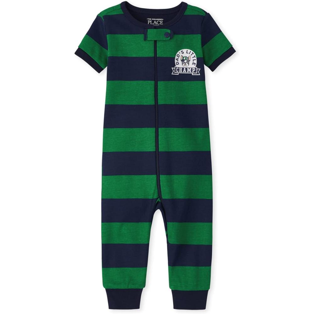 imageThe Childrens Place Baby Short Sleeve Zip front One Piece Footless PajamaGreen Stripe