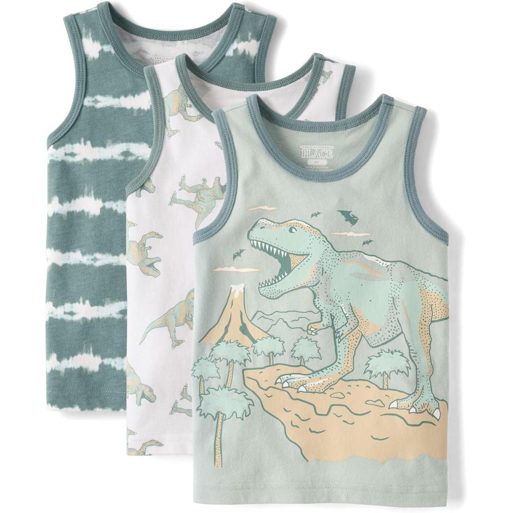 imageThe Childrens Place Boys and Toddler Assorted Tank TopGreen Dinos 3pack
