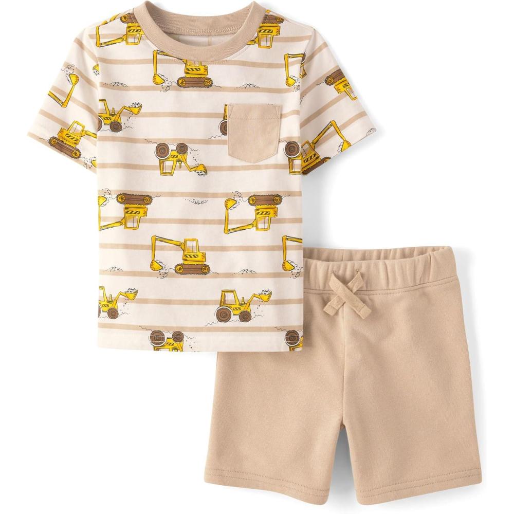 imageThe Childrens Place babyboys And Toddler Short Sleeve Top and Shorts 2 Piece OutfitWhite Construction Trucks