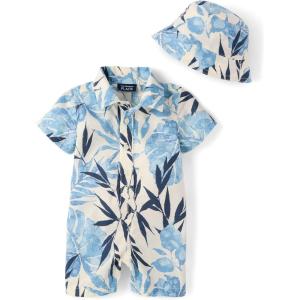 The Children’s Place baby-boys And Newborn Woven Plaid Romper and Hat 2-piece Set(Tropical Blue)