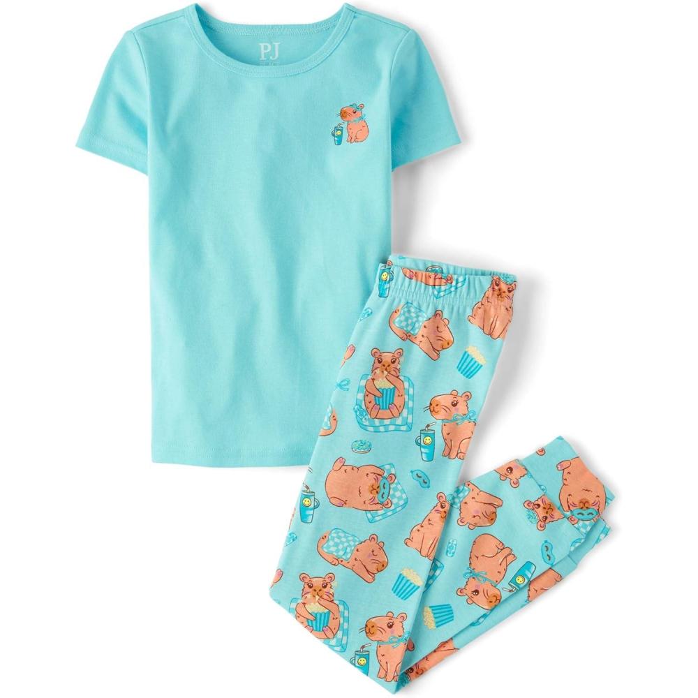 imageThe Childrens Place Girls 100 Cotton Short Sleeve Top and Pants2 Piece Pajama SetCapybara Marine