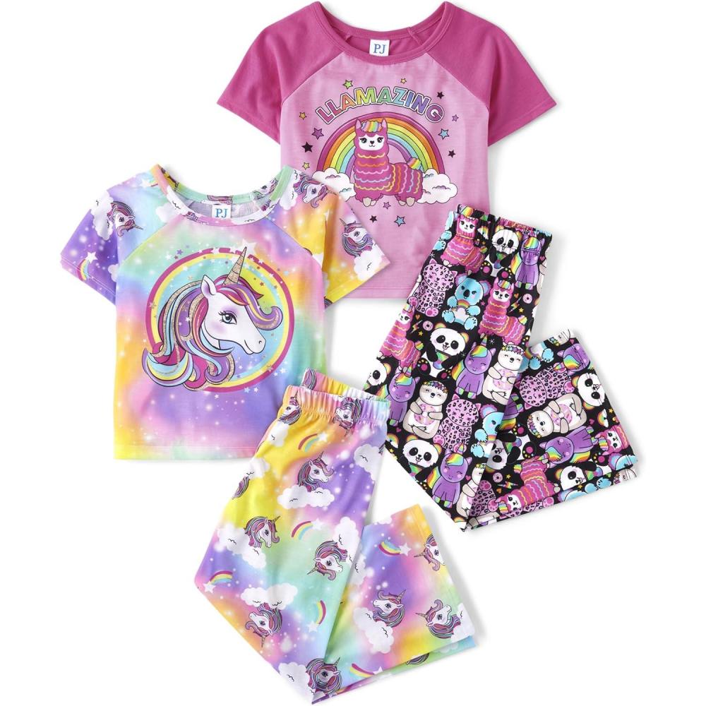 imageThe Childrens Place girls Short Sleeve Top and Pants2 Piece Pajama SetRainbowUnicorn 2pack