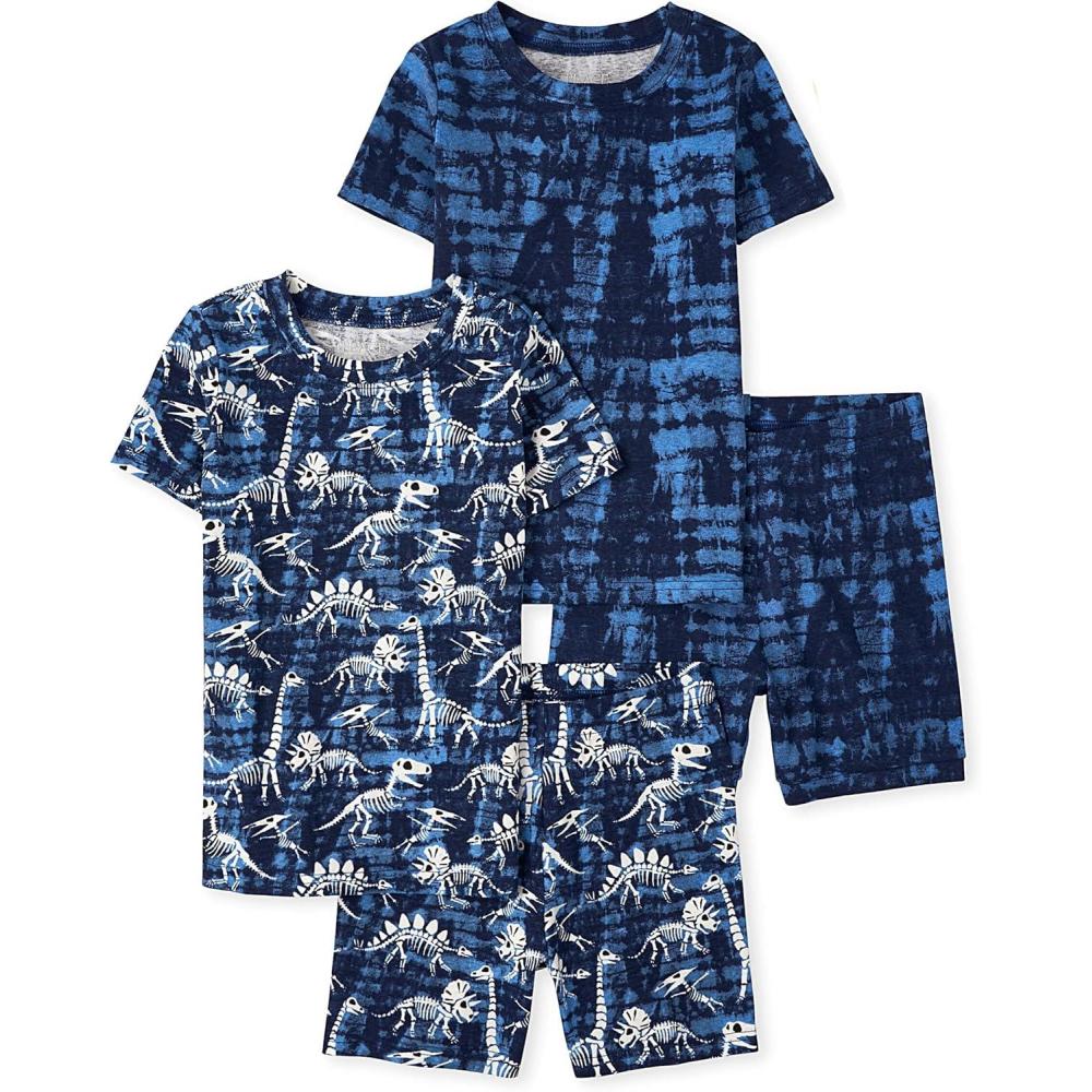 imageThe Childrens Place boys Short Sleeve Top and Shorts Snug Fit 100 Cotton 4 Piece Pajama SetCamoDino Glow 2pack