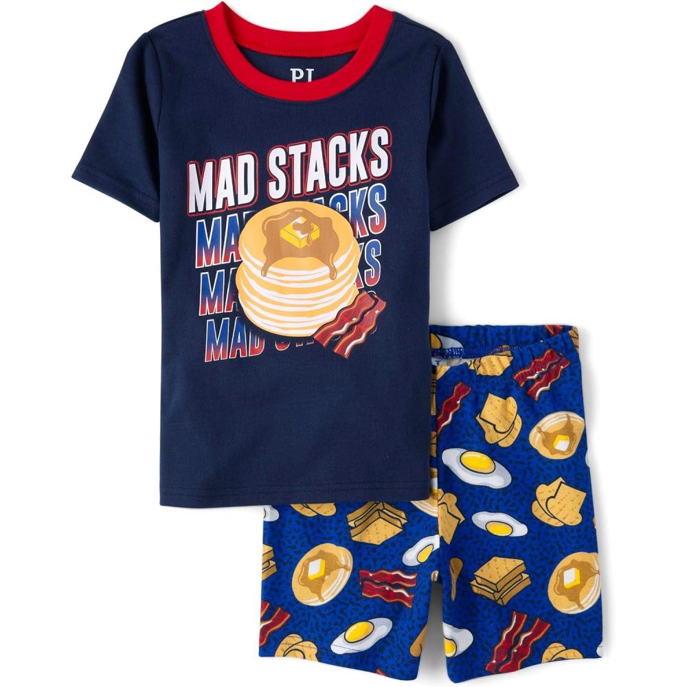 imageThe Childrens Place boys Short Sleeve Top and Shorts Snug Fit 100 Cotton 4 Piece Pajama SetMad Pancake Stacks