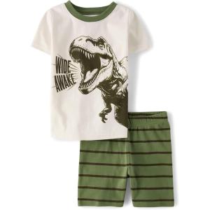 The Children’s Place boys 100% Cotton Short Sleeve Top and Shorts 2 Piece Pajama Set(Olive Dino)