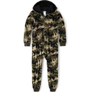 The Children’s Place boys Long Sleeve Fleece Hooded Zip Front One Piece Pajamas(Green Camo)
