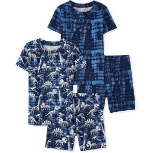 The Children’s Place boys Short Sleeve Top and Shorts Snug Fit 100% Cotton 4 Piece Pajama Set(Camo/Dino Glow 2-pack)