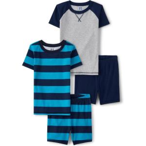 The Children’s Place boys Short Sleeve Top and Shorts Snug Fit 100% Cotton 4 Piece Pajama Set(Tidal Raglan/Stripe 2-pack)