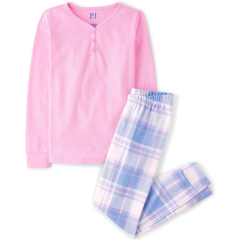 imageThe Childrens Place girls 100 Cotton Long Sleeve Top and Pants 2 Piece Pajama SetPink Purple Plaid