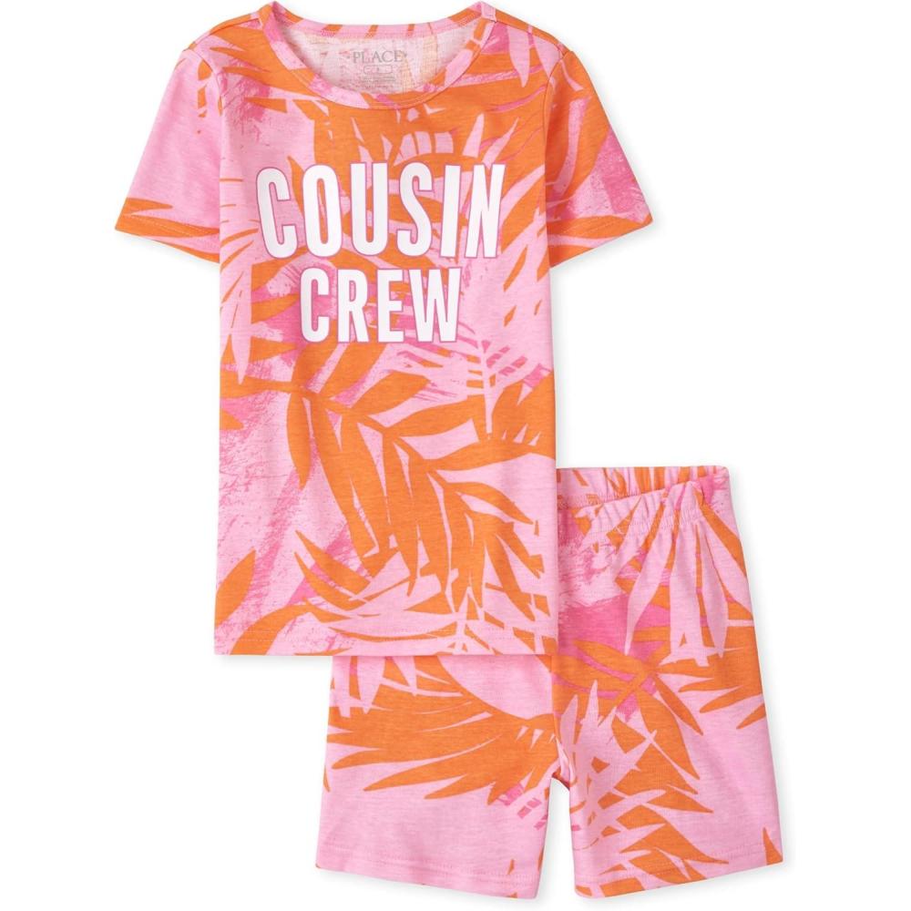 imageThe Childrens Place girls 100 Cotton Short Sleeve Top and Shorts2 Piece Pajama SetTropical Cousin Crew