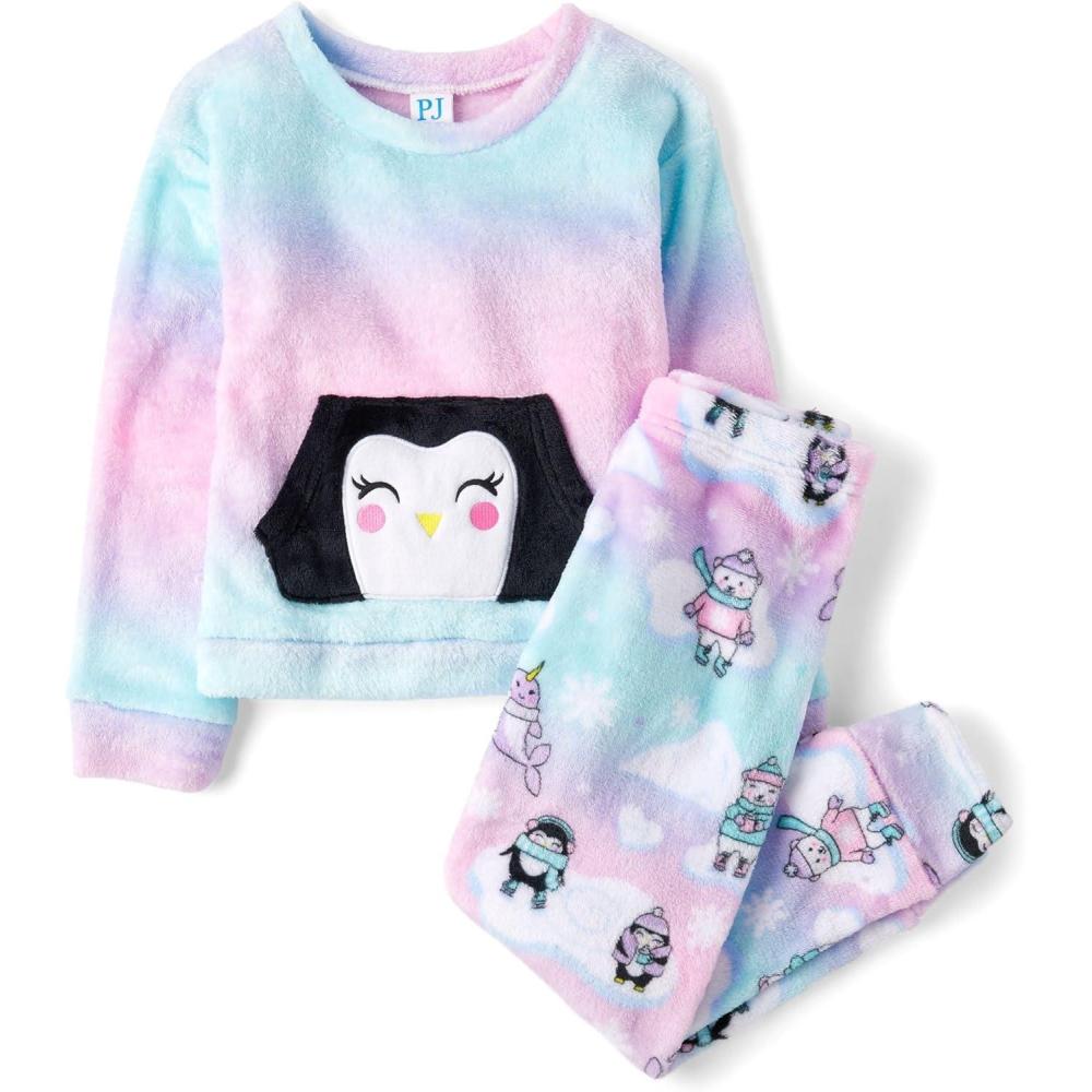 imageThe Childrens Place girls Long Sleeve Top and Bottoms Cozy Fleece 2 Piece Pajama SetPenguins