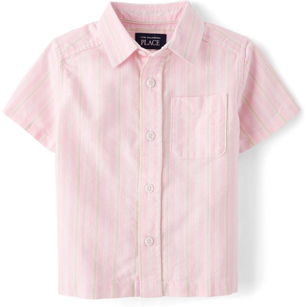 imageThe Childrens Place Boys and Toddler Poplin Short Sleeve Button Down ShirtPink Stripes