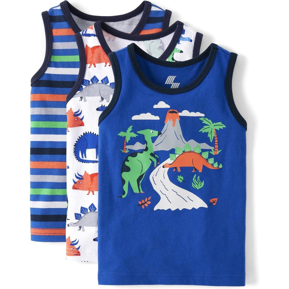 imageThe Childrens Place Boys and Toddler Sleeveless Tank TopDinoStripeBlue 3pack