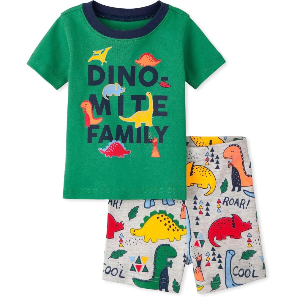 imageThe Childrens Place BabyBoys and Toddler Snug Fit 100 Cotton Short Sleeve Top and Shorts 2Piece Pajama SetDino Mite