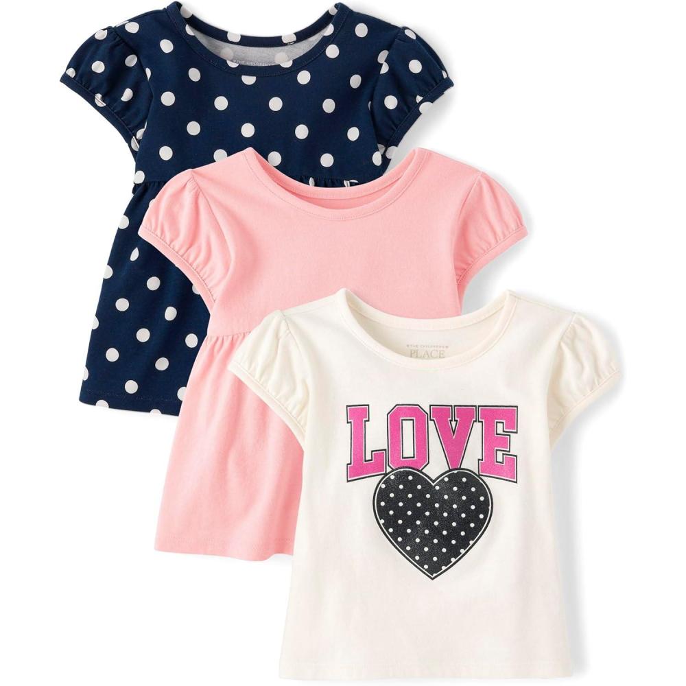 imageThe Childrens Place BabyGirls and Toddler Short Sleeve Everyday Casual Knit ShirtLovePinkTidal Dot 3pack