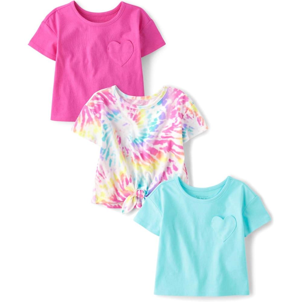 imageThe Childrens Place BabyGirls and Toddler Short Sleeve Everyday Casual Knit ShirtTie DyePinkTeal 3pack
