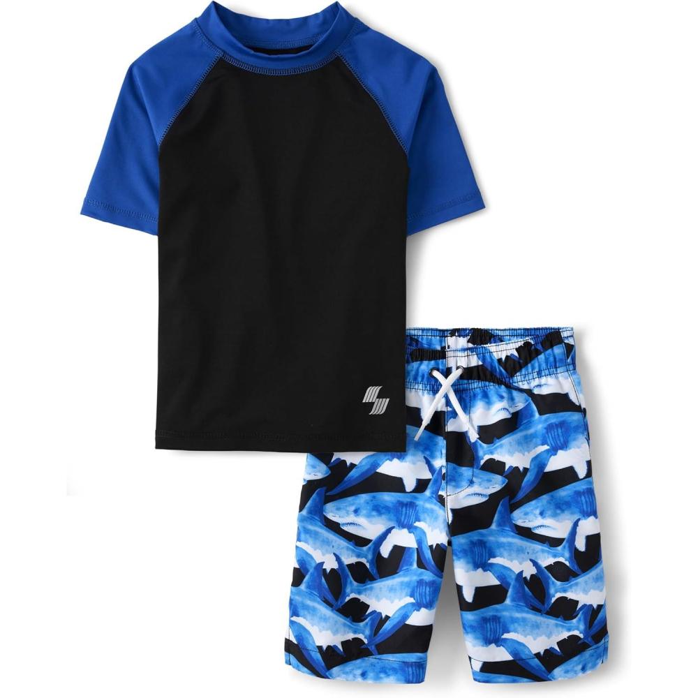 imageThe Childrens Place Boys Short Sleeve Rashguard and Swim Trunk 2Piece SetBlue Sharks