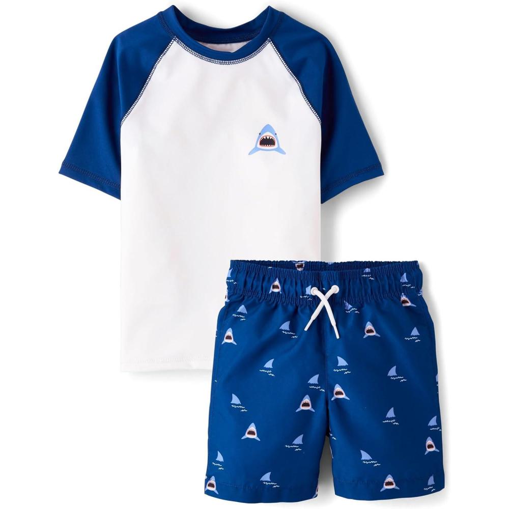 imageThe Childrens Place Boys Short Sleeve Rashguard and Swim Trunk 2Piece SetTidal Sharks