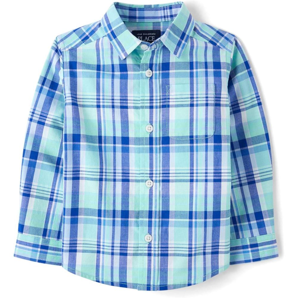 imageThe Childrens Place Boys and Toddler Poplin Long Sleeve Button Down ShirtMellow Aqua Plaid