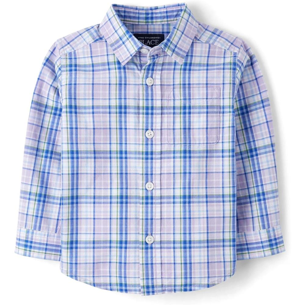 imageThe Childrens Place Boys and Toddler Poplin Long Sleeve Button Down ShirtPetal Purple Plaid