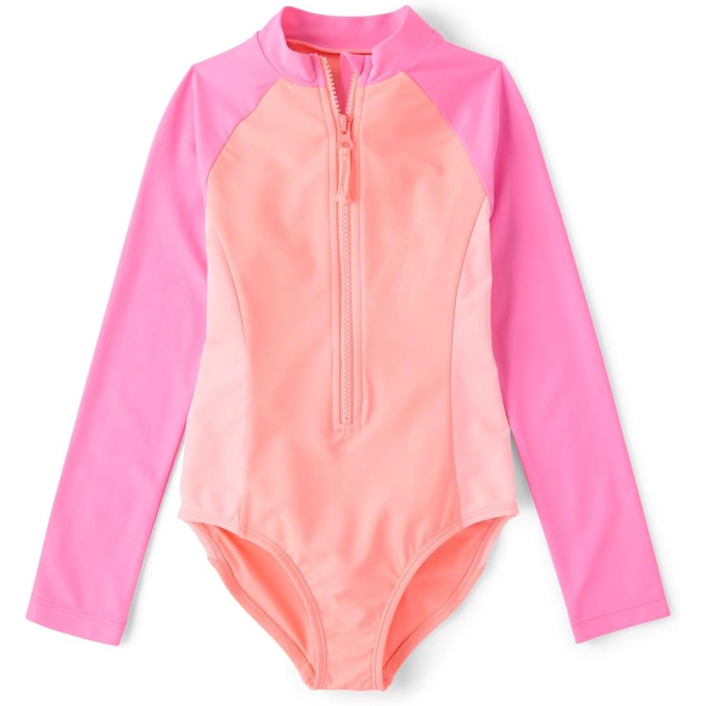 imageThe Childrens Place Girls Long Sleeve Half Zip One Piece Rashguard SwimsuitPink Abalone