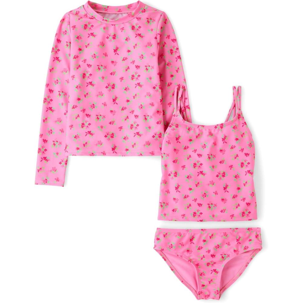 imageThe Childrens Place Girls Rashguard and Swimsuit SetNeon Pink 3piece