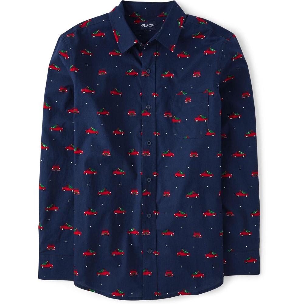 imageThe Childrens Place Mens Long Sleeve Button Up ShirtChristmas Truck Print  Dad