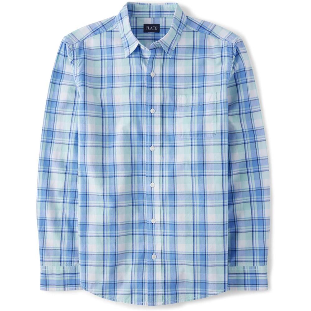 imageThe Childrens Place Mens Long Sleeve Button Up ShirtMellow Aqua Plaid  Dad